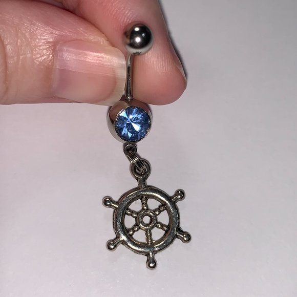 Light Blue Gem Nautical Wheel Design Dangle Belly Ring - Picture 5 of 6